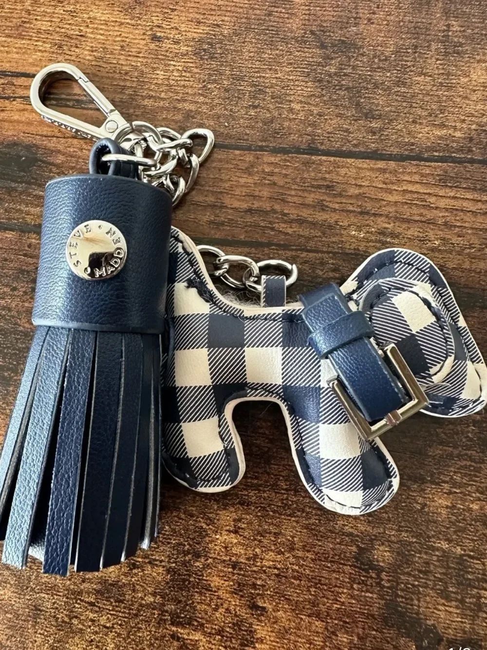 Steve Madden Navy Plaid Dog Bag Charm with Navy Tassel